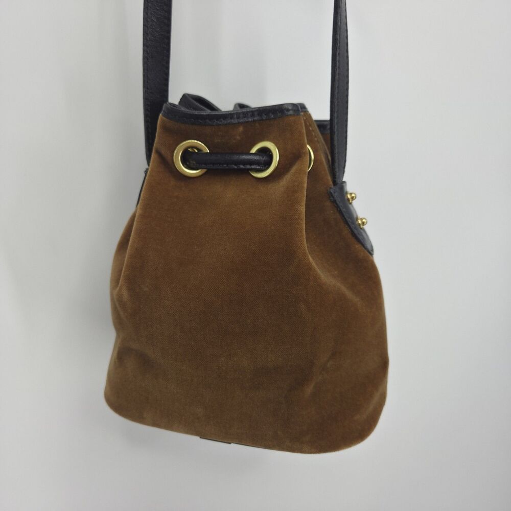 Vintage Dooney & Bourke Brown Velvet Drawstring Bucket Bag Black Leather Trim - Picture 3 of 5